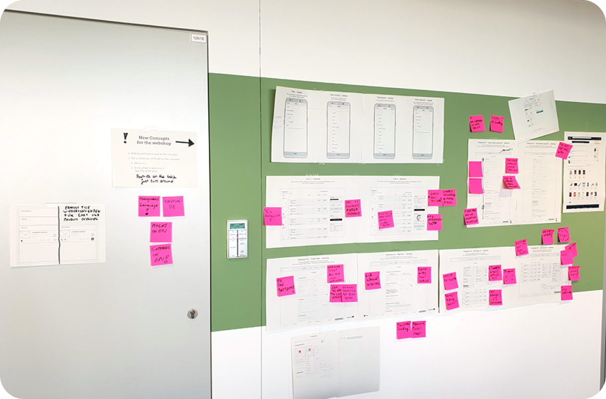 Foto einer Wand an der ausgedruckte Wireframes hängen. Jedes Teammitglied hat mit Post-its Kommentare zu Verbesserungen hinterlassen.