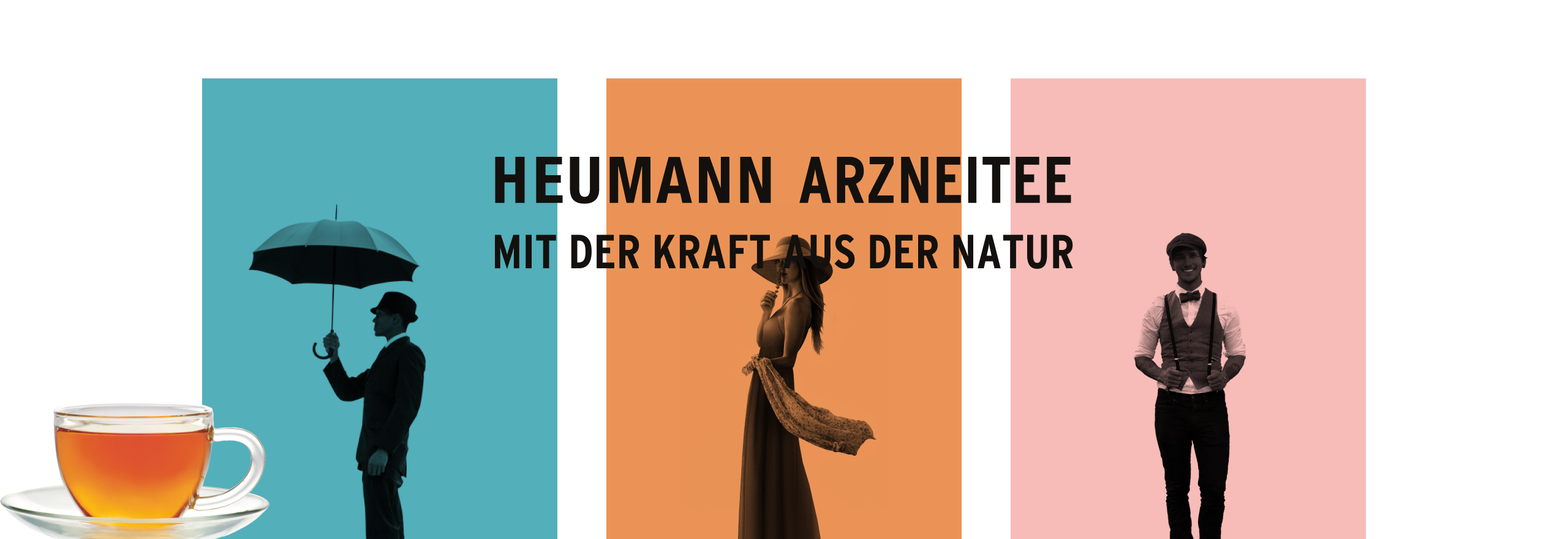 Das Titelbild von Heumann Arzneitee. Alle drei Produkte sind angezeigt mit einer Tasse Tee im Vordergrund.