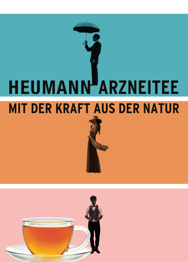 Das Titelbild von Heumann Arzneitee. Alle drei Produkte sind angezeigt mit einer Tasse Tee im Vordergrund.