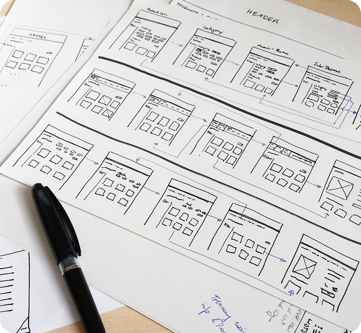 Foto von handgezeichneten Wireframes. Mehrere Zettel liegen übereinander und ganz oben liegt ein schwarzer Stift.