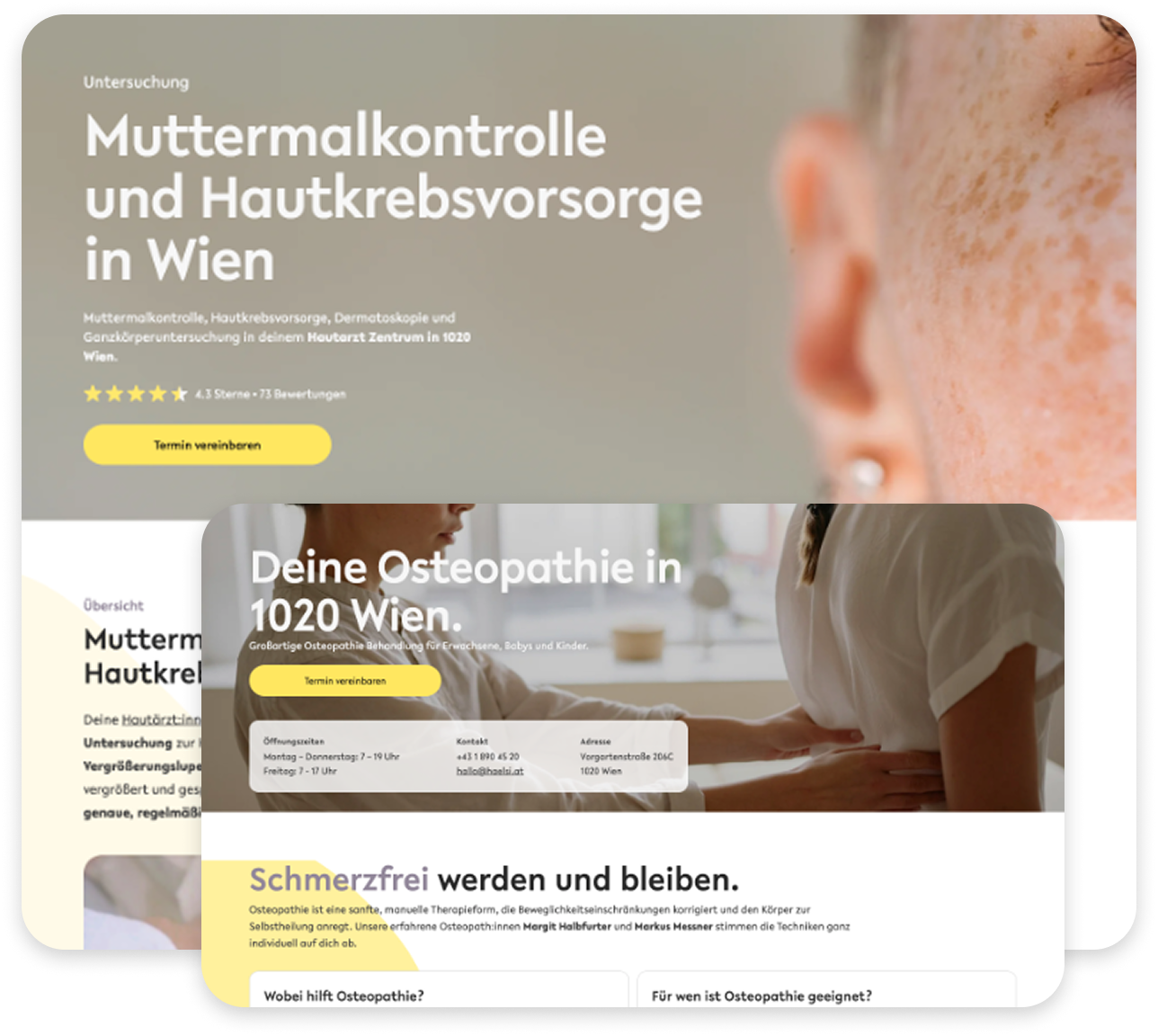 Landingpage-Vorlagen für haelsi. Landingpage-Vorlagen für haelsi. Auf den zwei Beispielbildern sind die oberen Bereiche von zwei Landingpages zu sehen.