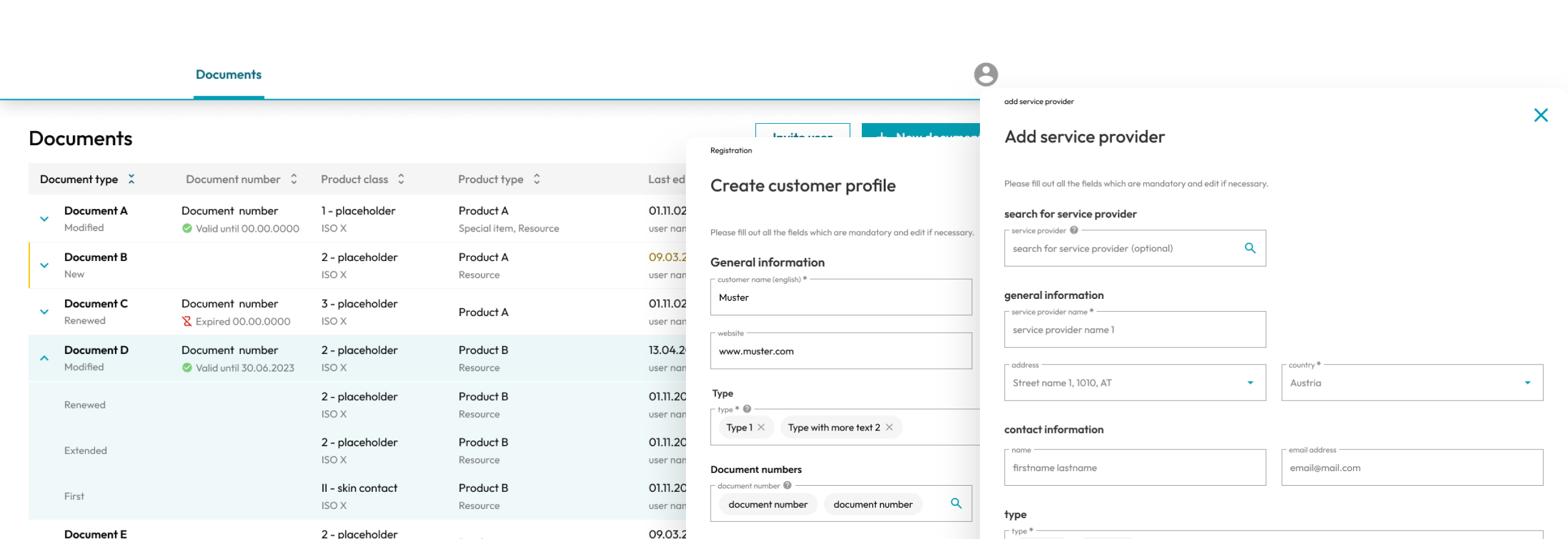 Titelbild von Kunde X. Es sind drei Ausschnitte zu sehen, davon ist eines eine Listenansicht und zwei davon Formularfelder.